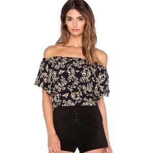 Blue life floral print off the shoulder ruffle blouse revolve black yellow XS